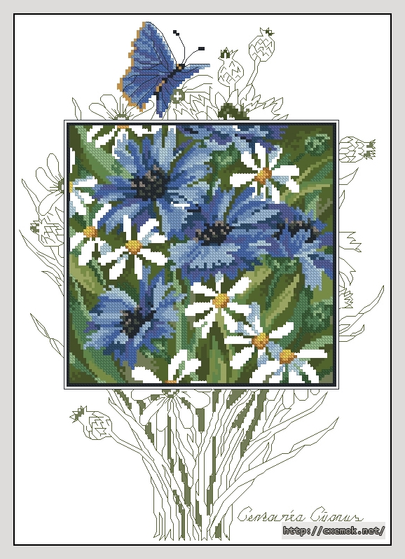 Скачать схему вышивки нитками Blue Cornflowers, автор 