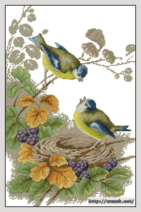 Скачать схему вышивки нитками Птички у гнезда, автор 