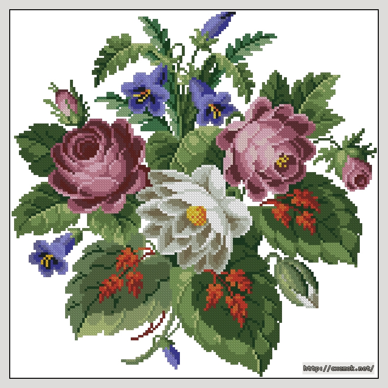Download embroidery patterns by cross-stitch  - Antique roses & red leaves, author 