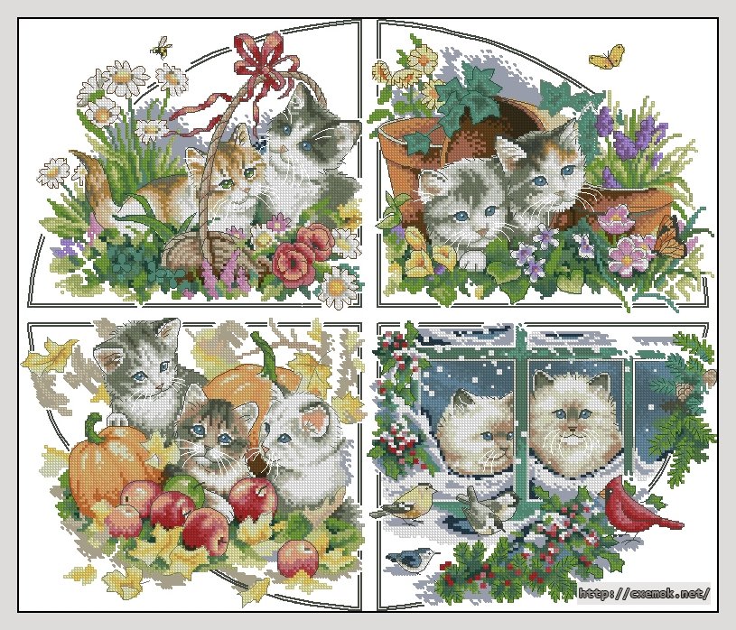 Скачать схему вышивки нитками Four Season Kittens, автор 