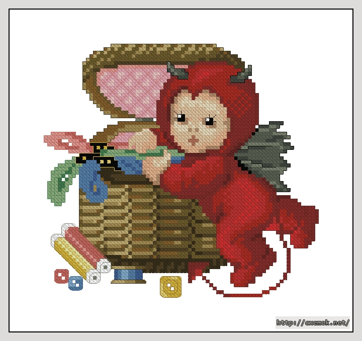 Скачать схемы вышивки нитками / крестом  - Little stitch devil with sewing basket, автор 
