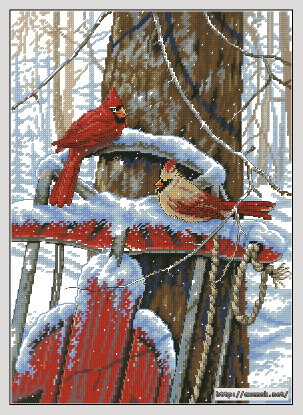 Скачать схему вышивки нитками Cardinals on Sled, автор 