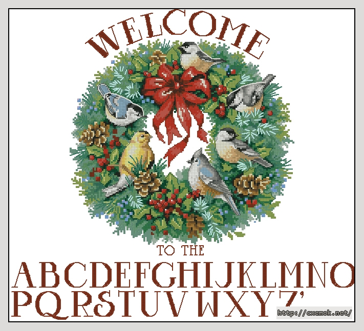 Скачать схему вышивки нитками Holiday welcome wreath, автор 