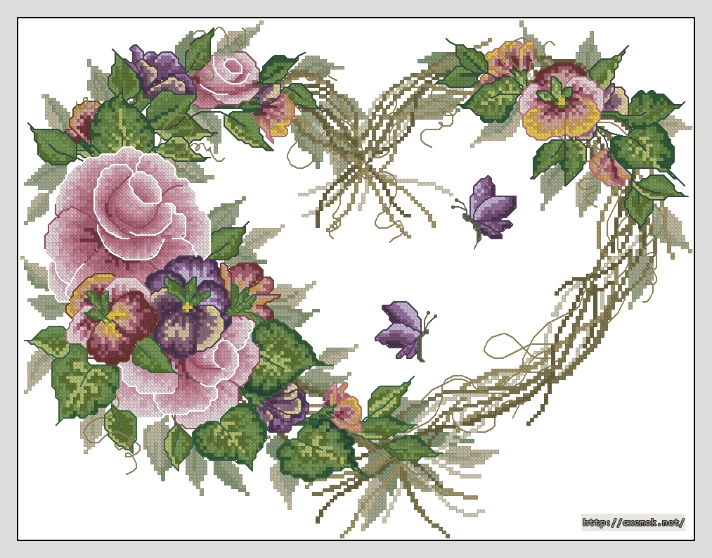 Скачать схемы вышивки нитками / крестом  - Grapevine wreath with floral, автор 