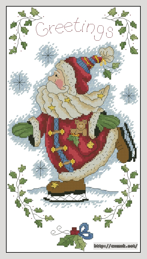Скачать схемы вышивки нитками / крестом  - Merry greetings - santa skating, автор 
