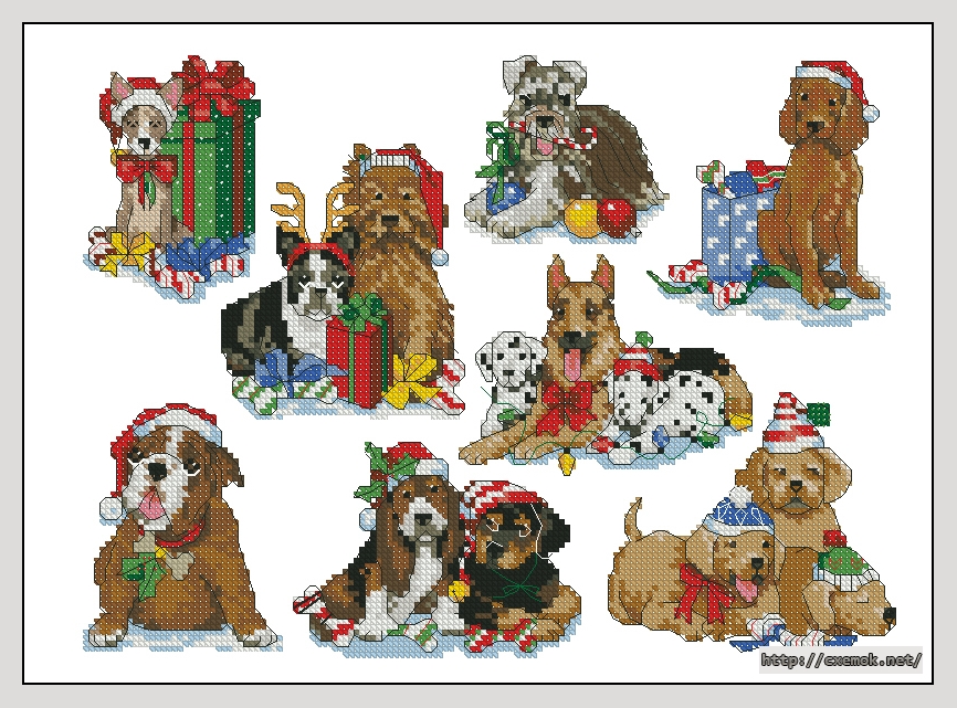 Скачать схему вышивки нитками Holiday hounds ornaments, автор 