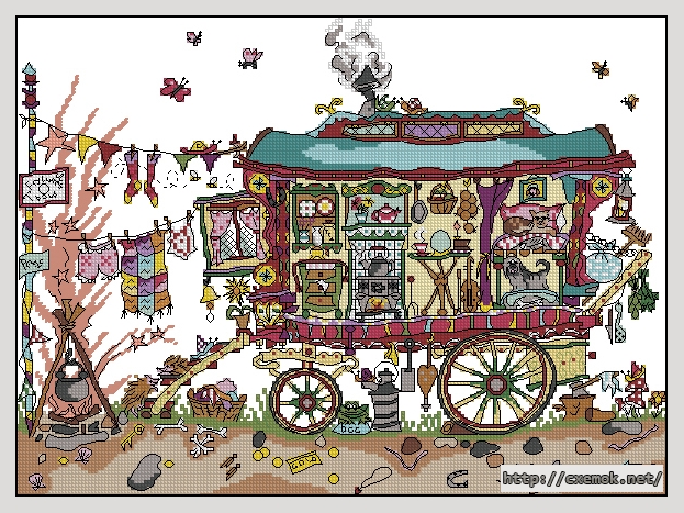 Скачать схему вышивки нитками Gypsy Wagon, автор 