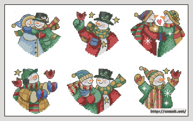 Скачать схему вышивки нитками Snowman Hearts Ornaments, автор 
