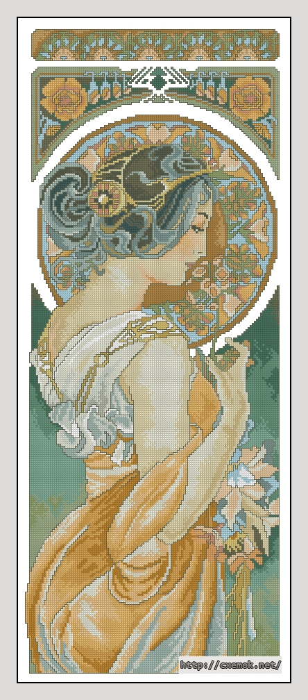 Download embroidery patterns by cross-stitch  - Art nouveau with primrose by mucha, author 