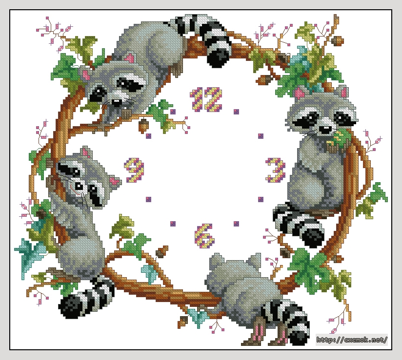 Download embroidery patterns by cross-stitch  - Reloj mapaches