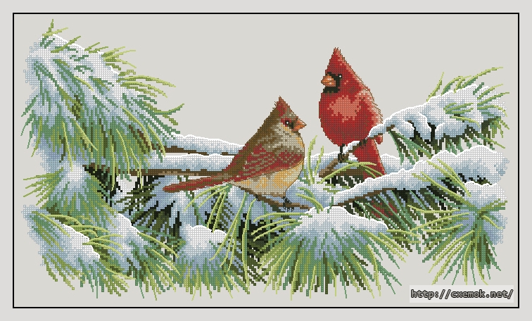 Скачать схему вышивки нитками Winter cardinals, автор 