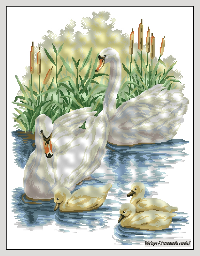 Скачать схемы вышивки нитками / крестом  - Swan family on the river, автор 
