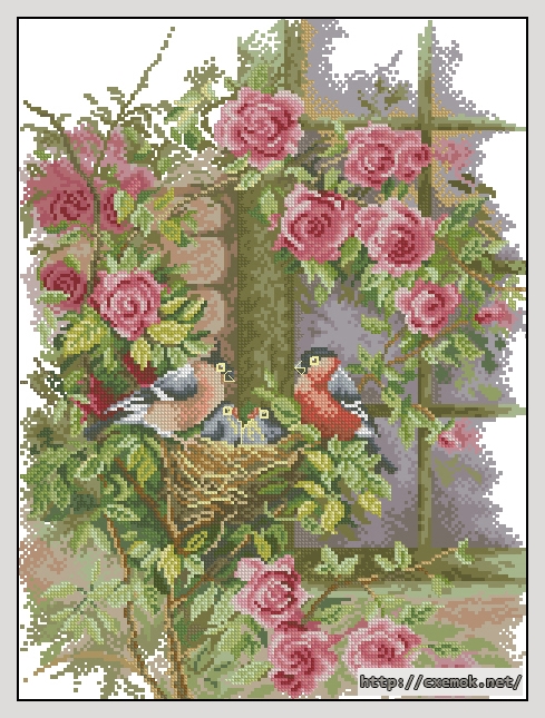 Скачать схему вышивки нитками Nesting birds in rambler rose, автор 