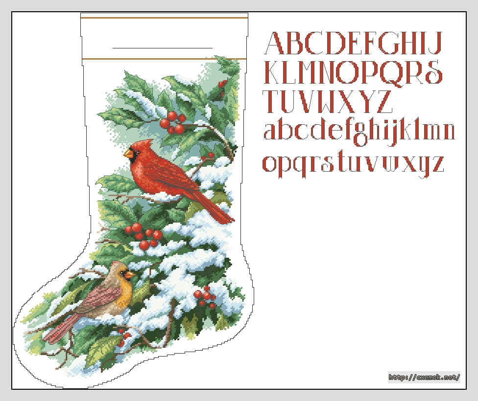 Скачать схему вышивки нитками Early snow cardinals stocking, автор 