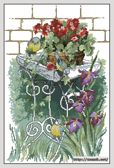 Скачать схему вышивки нитками Bird table with Irises, автор 