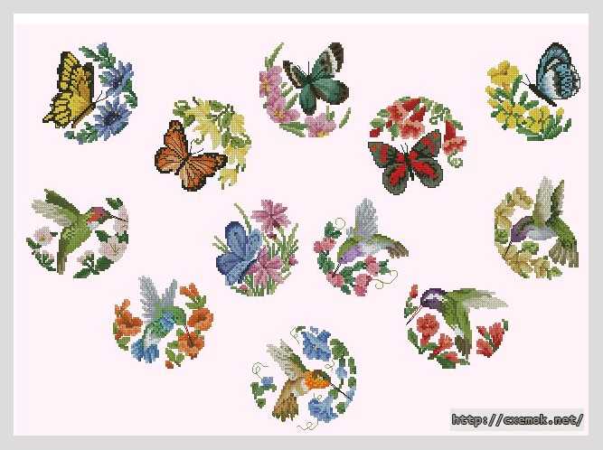 Скачать схемы вышивки нитками / крестом  - Миниатюра с бабочками и птицами