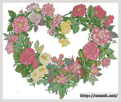 Скачать схемы вышивки нитками / крестом  - Rose heart wreath, автор 