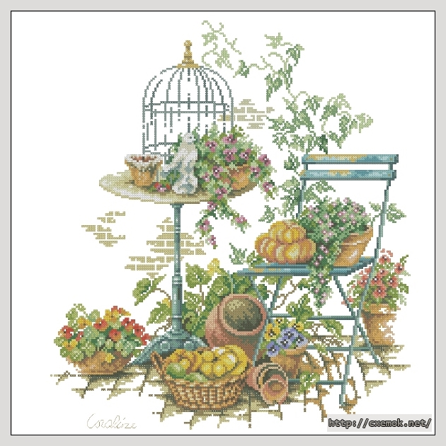Download embroidery patterns by cross-stitch  - Vogelkooitje met tuinstoel, author 