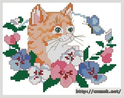 Download embroidery patterns by cross-stitch  - Kitten in pansies, author 