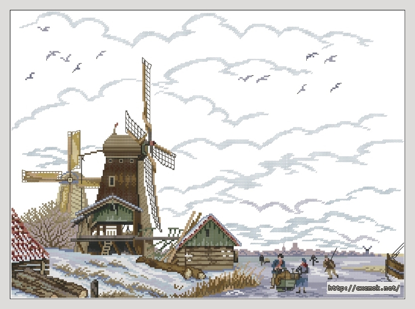Завантажити схеми вишивки нитками / хрестом  - Dutch mill in the snow, автор 