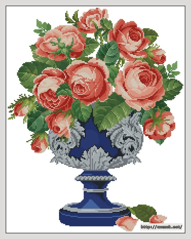 Download embroidery patterns by cross-stitch  - Roses in blue and silver cup, author 