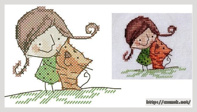 Скачать схемы вышивки нитками / крестом  - Девочка с котенком, автор 