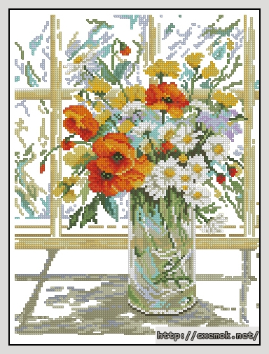 Скачать схемы вышивки нитками / крестом  - Flowers in windowpane, автор 