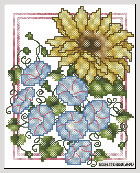 Download embroidery patterns by cross-stitch  - Sunflower and morning glories