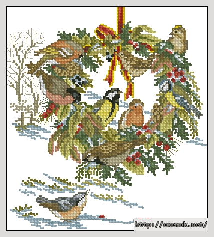 Скачать схемы вышивки нитками / крестом  - Wreath and birds, автор 