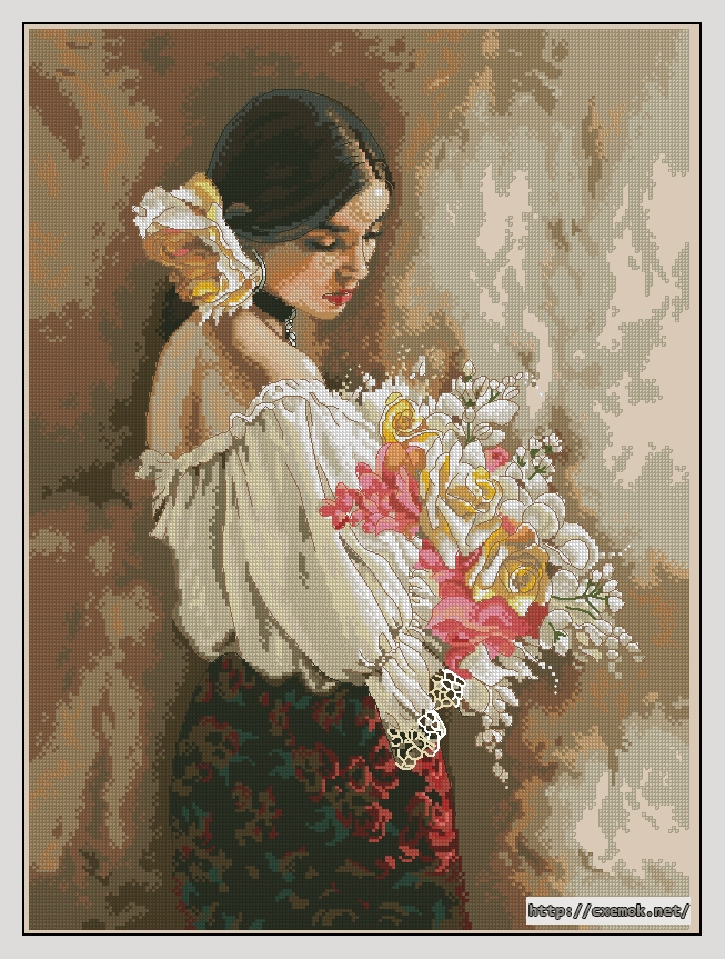 Скачать схемы вышивки нитками / крестом  - Woman with bouquet, автор 