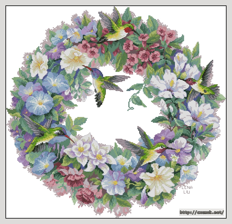 Скачать схемы вышивки нитками / крестом  - Hummingbird wreath, автор 