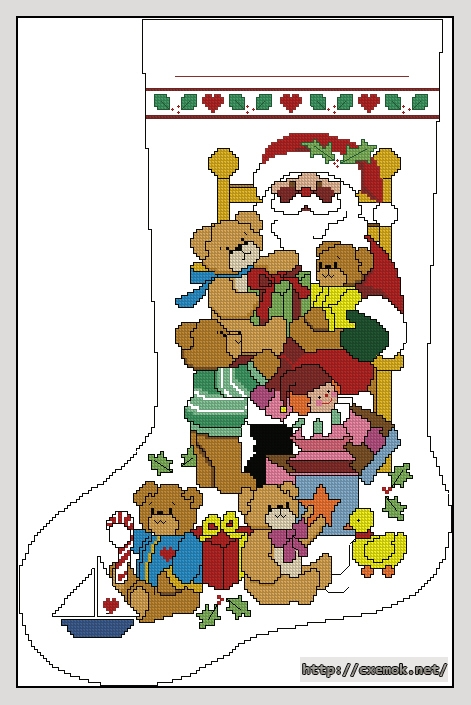 Скачать схемы вышивки нитками / крестом  - Yuletide bears - teddy with santa stocking, автор 